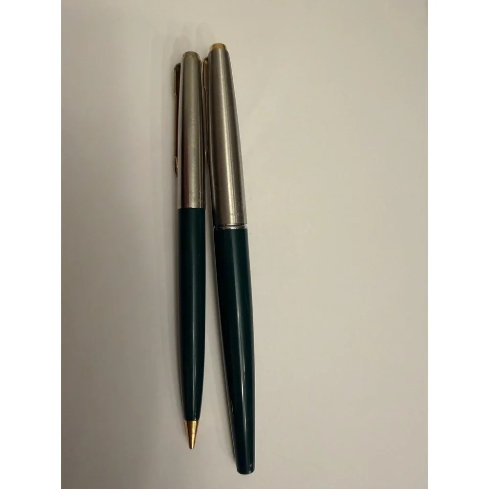 Parker Fountain Pen and Ballpoint Pen Set Deep Green Gold Trim‎ Vintage 1960's